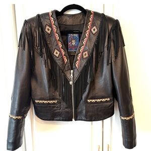 Black Lamb-skin Leather Fringe & Beaded Jacket by Tribe Leather